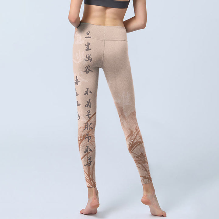 Leggings da palestra con stampa di orchidea e calligrafia Buddha Stones , pantaloni da yoga da donna