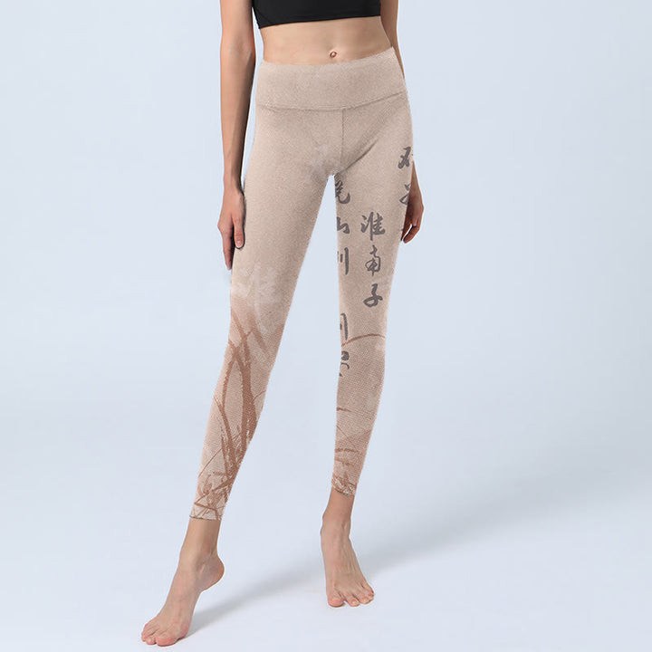 Leggings da palestra con stampa di orchidea e calligrafia Buddha Stones , pantaloni da yoga da donna