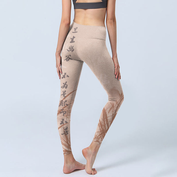 Leggings da palestra con stampa di orchidea e calligrafia Buddha Stones , pantaloni da yoga da donna