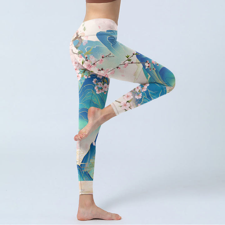 Leggings da palestra con stampa Buddha Stones Plum Blossoms Mountains, pantaloni da yoga da donna - image 3