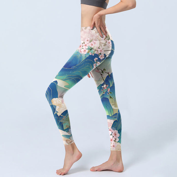 Leggings da palestra con stampa Buddha Stones Plum Blossoms Mountains, pantaloni da yoga da donna - image 3