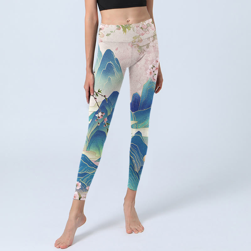Leggings da palestra con stampa Buddha Stones Plum Blossoms Mountains, pantaloni da yoga da donna - image 5