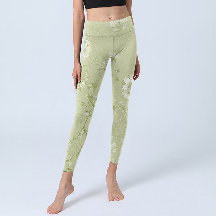 Leggings da palestra con stampa di fiori di prugna bianca Buddha Stones Pantaloni da yoga da donna - image 6