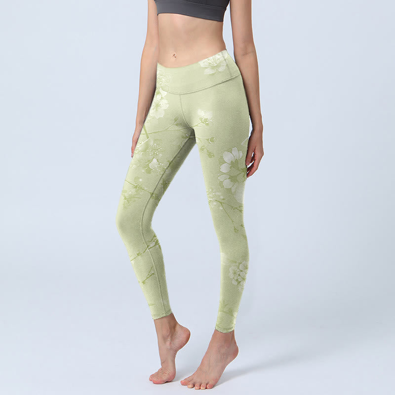 Leggings da palestra con stampa di fiori di prugna bianca Buddha Stones Pantaloni da yoga da donna - PaleGoldenrod - US18, UK/AU22, EU50 (4XL) - image 1