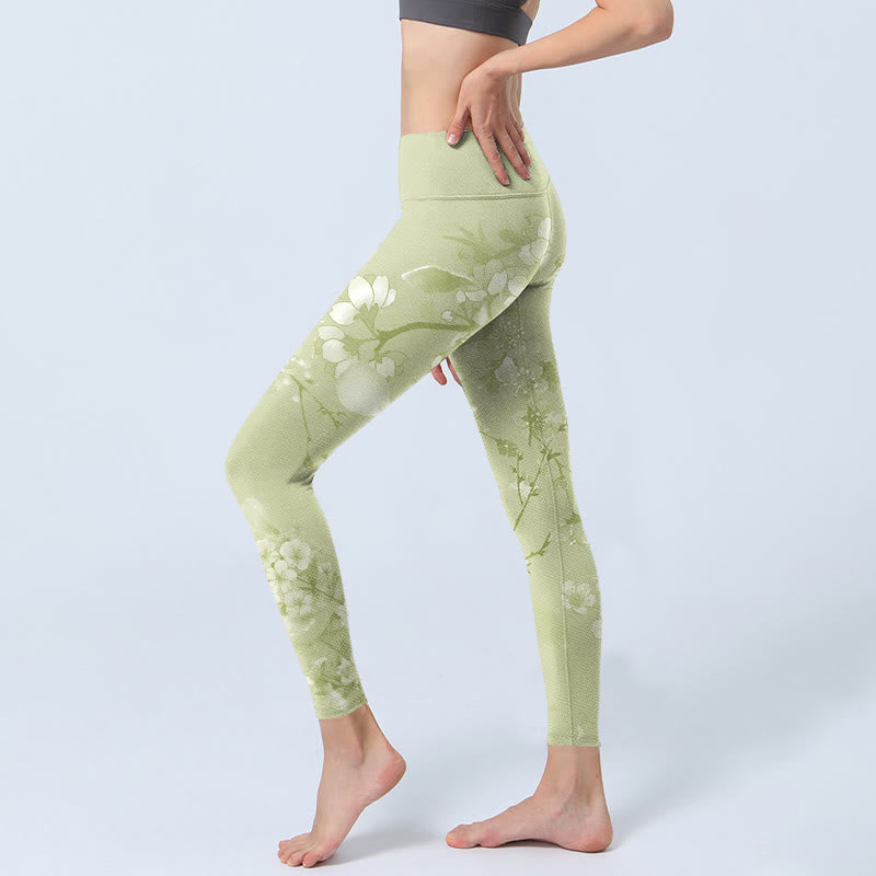 Leggings da palestra con stampa di fiori di prugna bianca Buddha Stones Pantaloni da yoga da donna - image 3