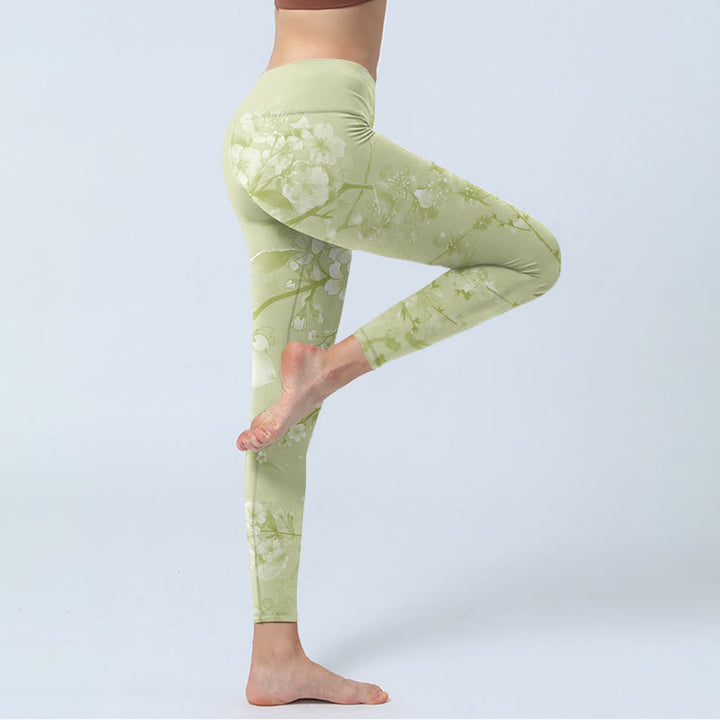 Leggings da palestra con stampa di fiori di prugna bianca Buddha Stones Pantaloni da yoga da donna - image 4