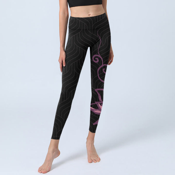 Leggings da palestra con stampa di fiori di loto rosa e neri Buddha Stones, pantaloni da yoga da donna - image 6