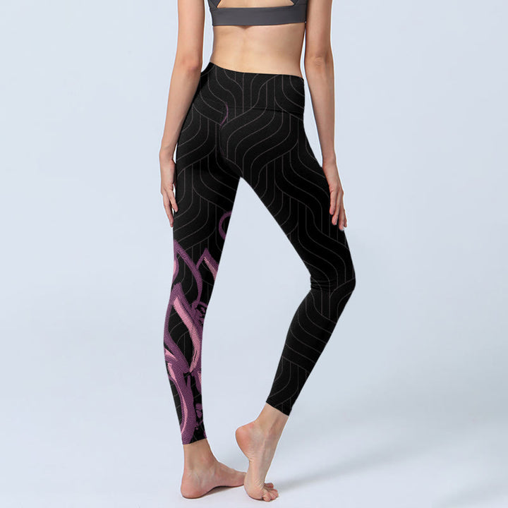 Leggings da palestra con stampa di fiori di loto rosa e neri Buddha Stones, pantaloni da yoga da donna