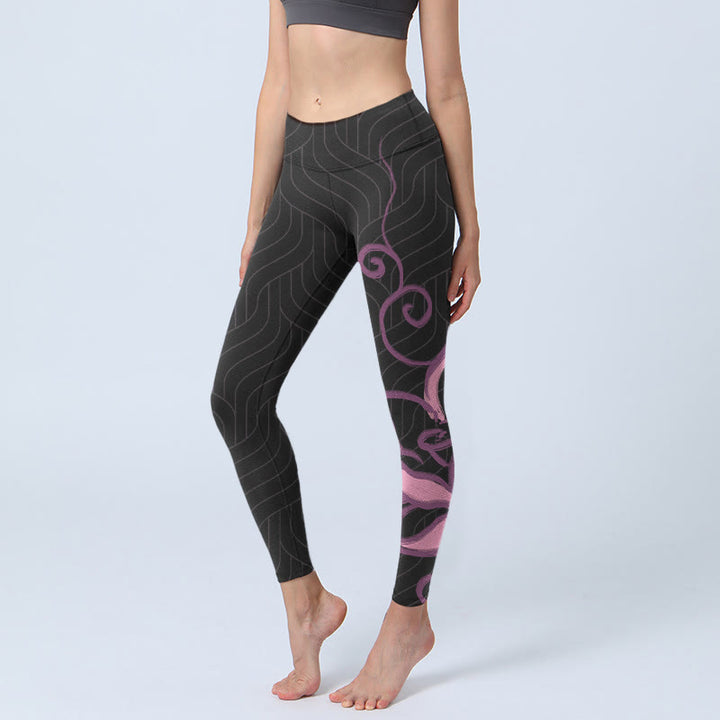 Leggings da palestra con stampa di fiori di loto rosa e neri Buddha Stones, pantaloni da yoga da donna