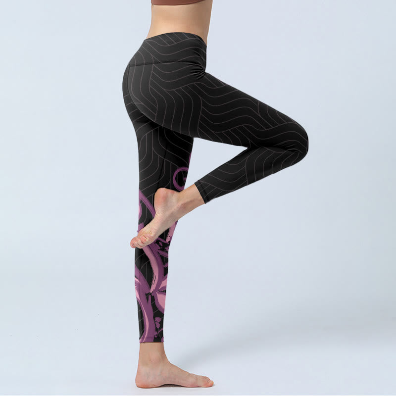Leggings da palestra con stampa di fiori di loto rosa e neri Buddha Stones, pantaloni da yoga da donna - image 3