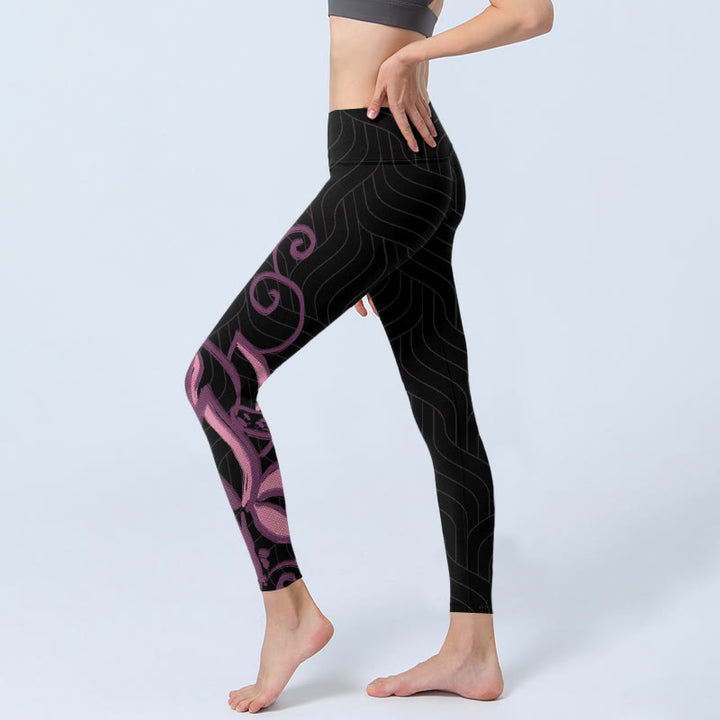 Leggings da palestra con stampa di fiori di loto rosa e neri Buddha Stones, pantaloni da yoga da donna - image 3