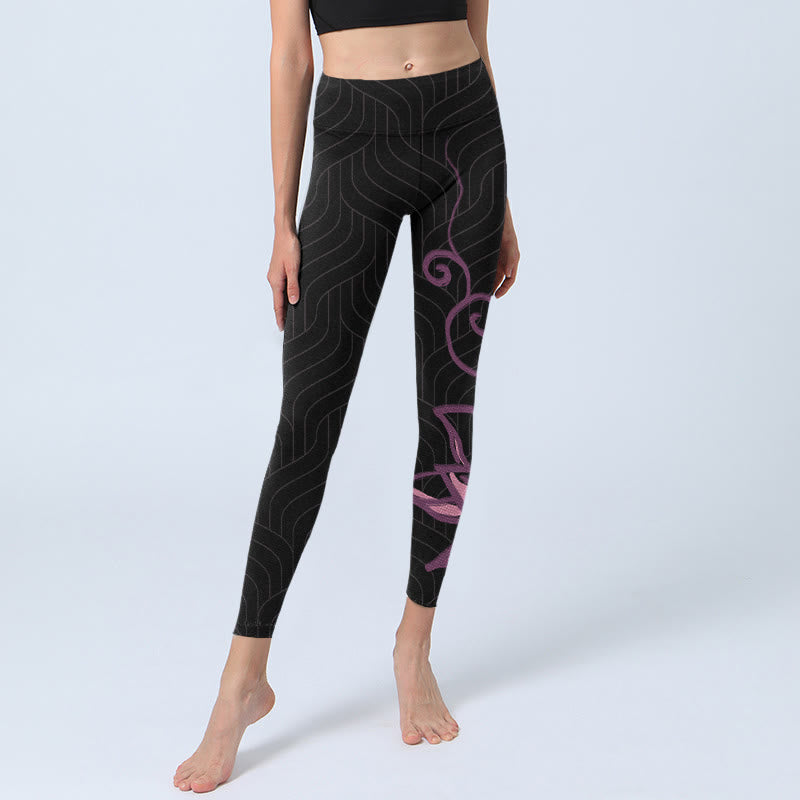 Leggings da palestra con stampa di fiori di loto rosa e neri Buddha Stones, pantaloni da yoga da donna