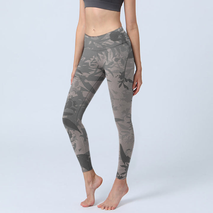 Leggings da palestra con stampa di foglie grigie Buddha Stones , pantaloni da yoga da donna