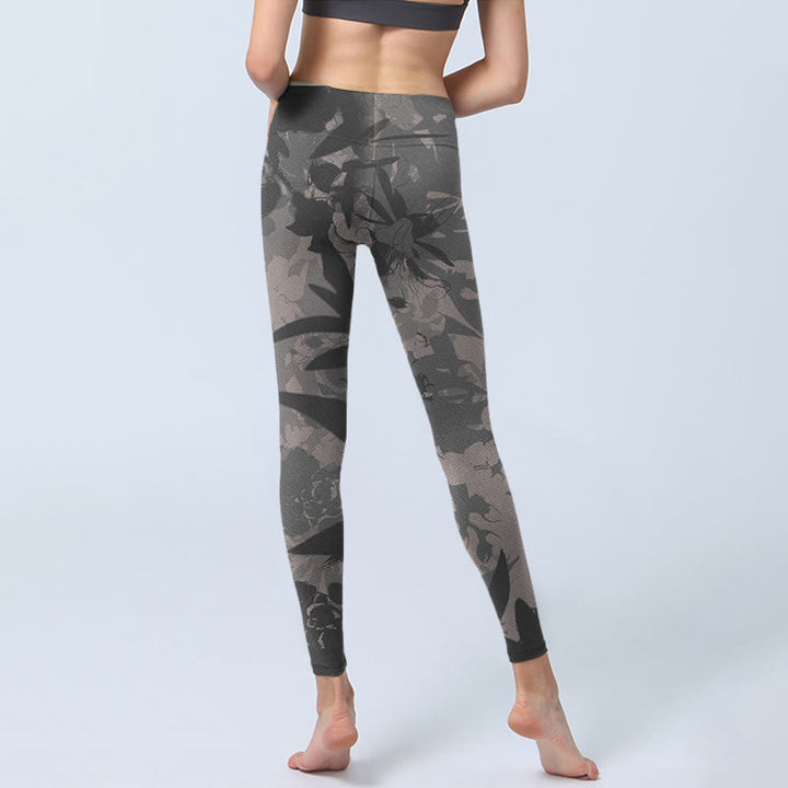 Leggings da palestra con stampa di foglie grigie Buddha Stones , pantaloni da yoga da donna