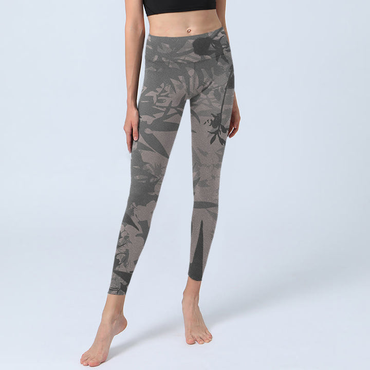 Leggings da palestra con stampa di foglie grigie Buddha Stones , pantaloni da yoga da donna - image 5