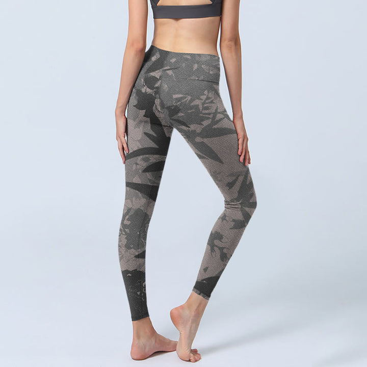 Leggings da palestra con stampa di foglie grigie Buddha Stones , pantaloni da yoga da donna