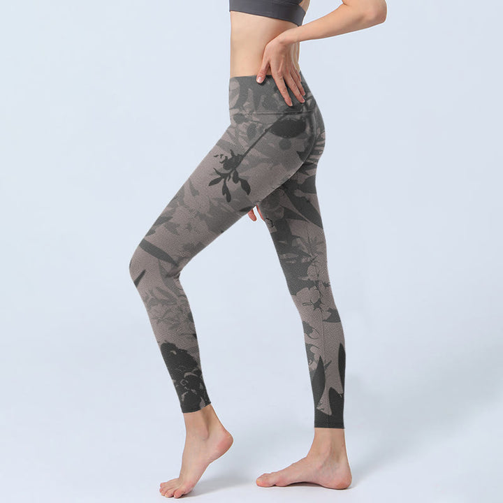Leggings da palestra con stampa di foglie grigie Buddha Stones , pantaloni da yoga da donna