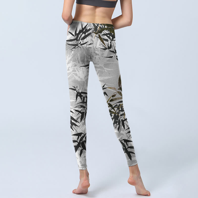 Leggings da palestra con stampa di foglie di bambù grigio scuro Buddha Stones, pantaloni da yoga da donna