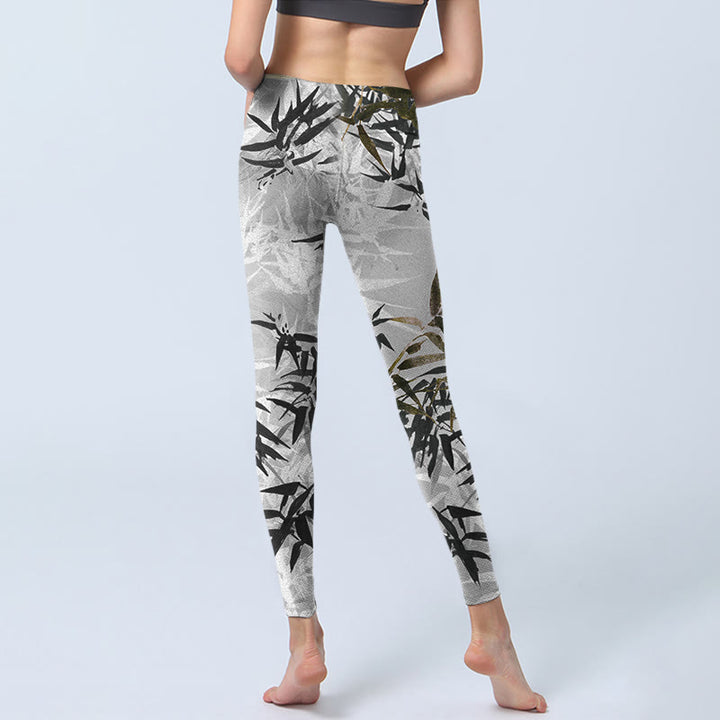 Leggings da palestra con stampa di foglie di bambù grigio scuro Buddha Stones, pantaloni da yoga da donna