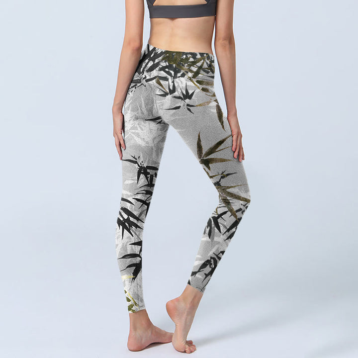 Leggings da palestra con stampa di foglie di bambù grigio scuro Buddha Stones, pantaloni da yoga da donna