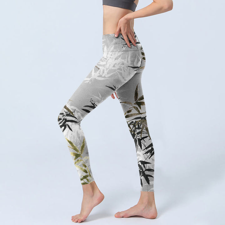 Leggings da palestra con stampa di foglie di bambù grigio scuro Buddha Stones, pantaloni da yoga da donna