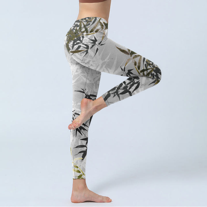 Leggings da palestra con stampa di foglie di bambù grigio scuro Buddha Stones, pantaloni da yoga da donna