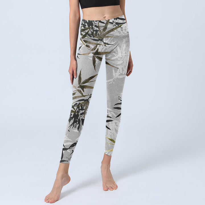 Leggings da palestra con stampa di foglie di bambù grigio scuro Buddha Stones, pantaloni da yoga da donna