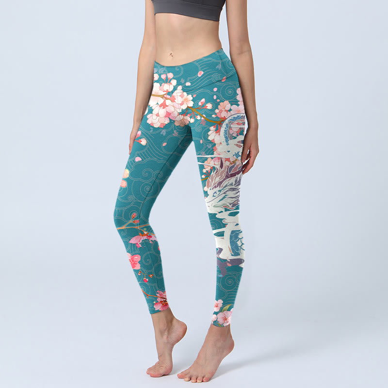 Leggings da palestra con stampa Buddha Stones Dragon Cherry Blossoms, pantaloni da yoga da donna - CadetBlue - US18, UK/AU22, EU50 (4XL) - image 1