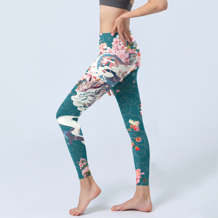 Leggings da palestra con stampa Buddha Stones Dragon Cherry Blossoms, pantaloni da yoga da donna - image 3
