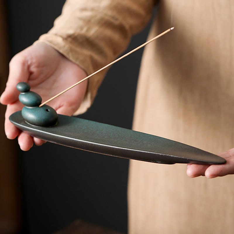 Buddha Stones Tre Pietre Onde Farfalla Bambù Guarigione Bastoncino di Ceramica Bruciatore di Incenso Decorazione - image 2