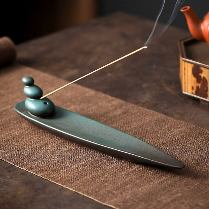 Buddha Stones Tre Pietre Onde Farfalla Bambù Guarigione Bastoncino di Ceramica Bruciatore di Incenso Decorazione - image 3