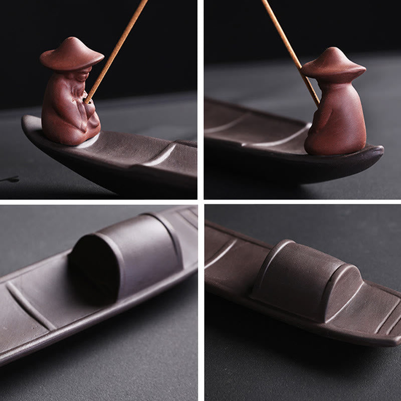 Buddha Stones Pescatore Barca Viola Argilla Pace Guarigione Ceramica Bastoncino Bruciatore Incenso Decorazione