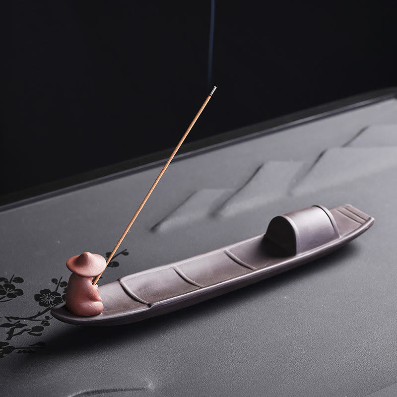 Buddha Stones Pescatore Barca Viola Argilla Pace Guarigione Ceramica Bastoncino Bruciatore Incenso Decorazione
