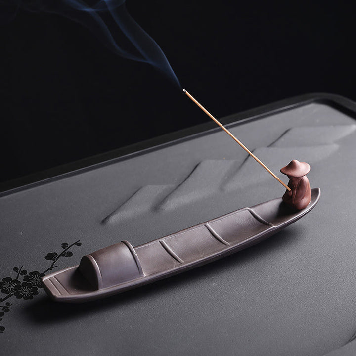 Buddha Stones Pescatore Barca Viola Argilla Pace Guarigione Ceramica Bastoncino Bruciatore Incenso Decorazione