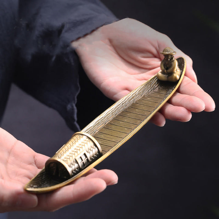 Buddha Stones Pescatore Barca Lega Porta Bastoncino di Incenso Bruciatore di Incenso Curativo Decorazione - image 1