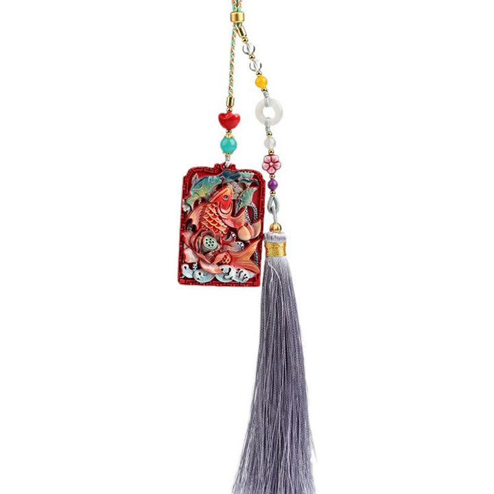 Buddha Stones Cinabro naturale Pesce Koi Loto Design Benedizione Fibbia della pace Decorazione da appendere all'auto