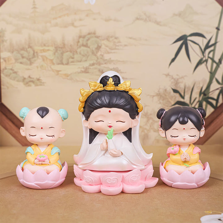 Buddha Stones Meditazione Avalokitesvara Loto Ragazzo Ragazza Statua in Resina Armonia Decorazione per la casa