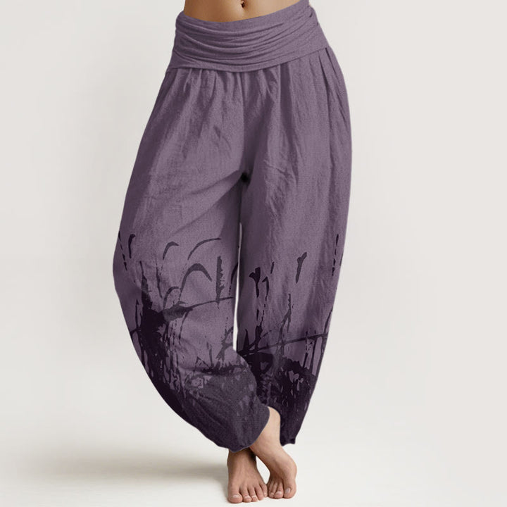 Pantaloni harem elastici in vita da donna con motivo erba selvatica e Buddha Stones - Viola - US22, UK/AU26, EU54 (6XL) - image 8