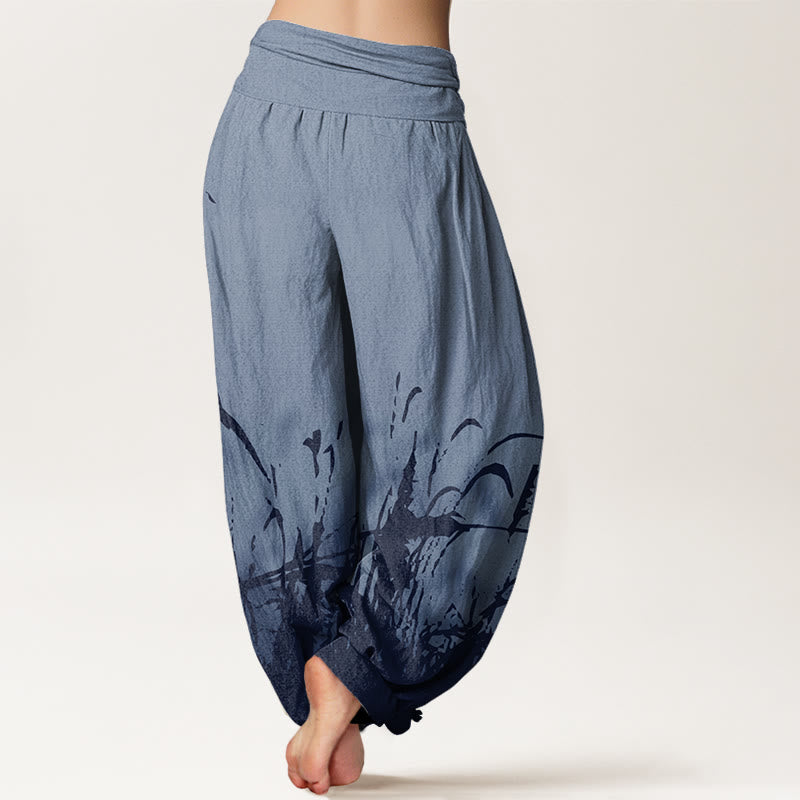 Pantaloni harem da donna con elastico in vita e motivo erba selvatica in cotone con Buddha Stones - image 6