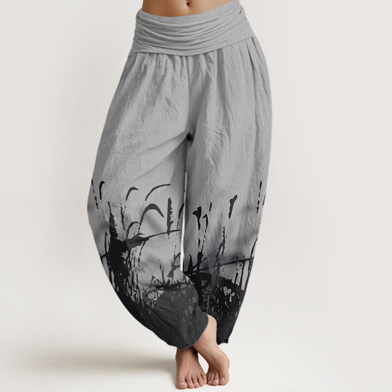 Pantaloni harem elastici in vita da donna con motivo erba selvatica e Buddha Stones - Grigio - US22, UK/AU26, EU54 (6XL) - image 1