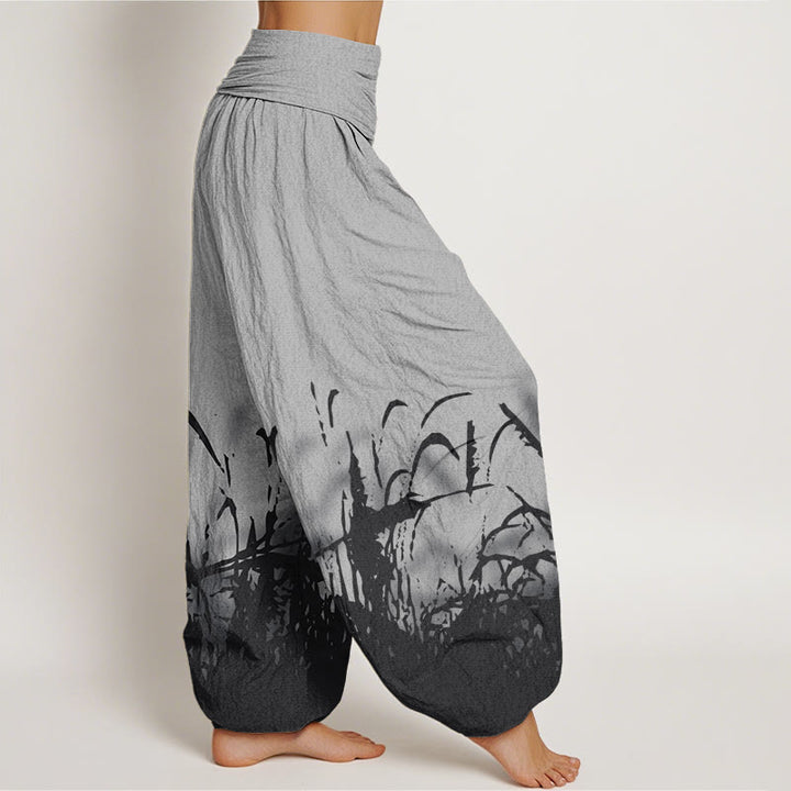 Pantaloni harem da donna con elastico in vita e motivo erba selvatica in cotone con Buddha Stones - image 1