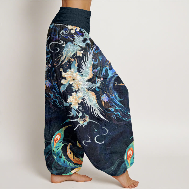 Pantaloni harem con elastico in vita da donna con motivo a fiori di fenice e Buddha Stones