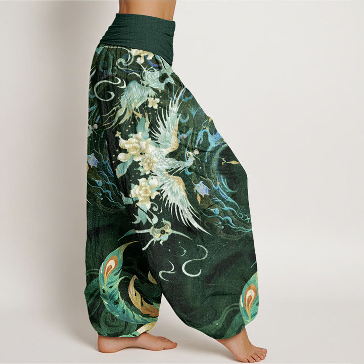 Pantaloni harem con elastico in vita da donna con motivo a fiori di fenice e Buddha Stones