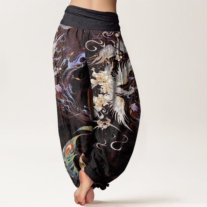 Pantaloni harem con elastico in vita da donna con motivo a fiori di fenice e Buddha Stones