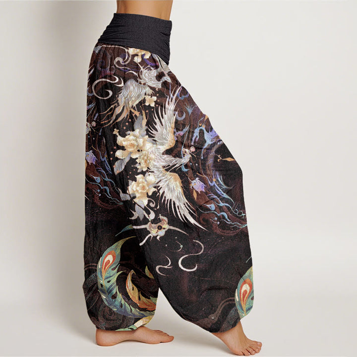 Pantaloni harem con elastico in vita da donna con motivo a fiori di fenice e Buddha Stones