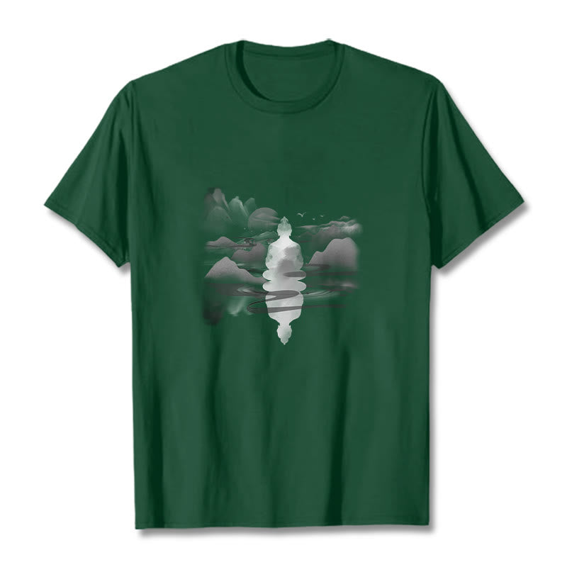 Maglietta in cotone con motivo Buddha Stones Mediting Buddha seduto in montagna - Verde foresta - 2XL - image 10