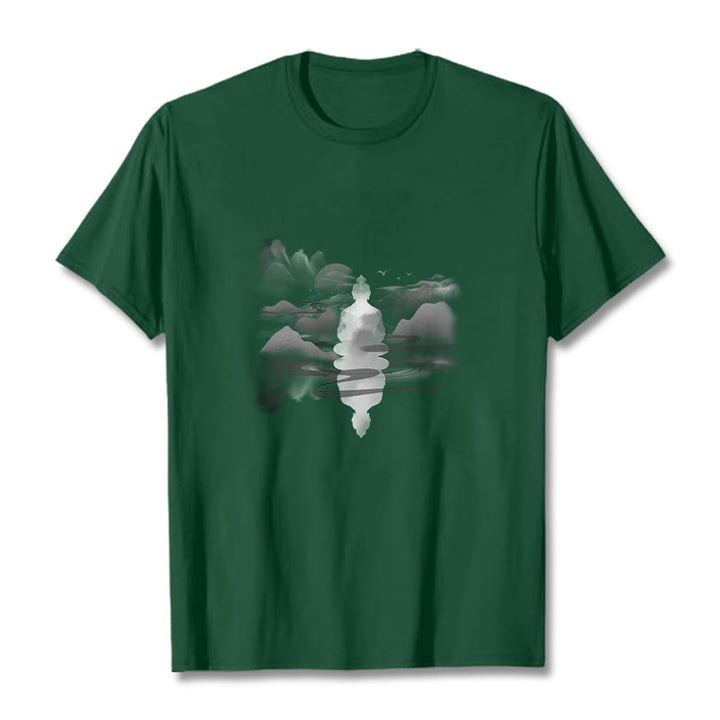Maglietta in cotone con motivo Buddha Stones Mediting Buddha seduto in montagna - Verde foresta - 2XL - image 10