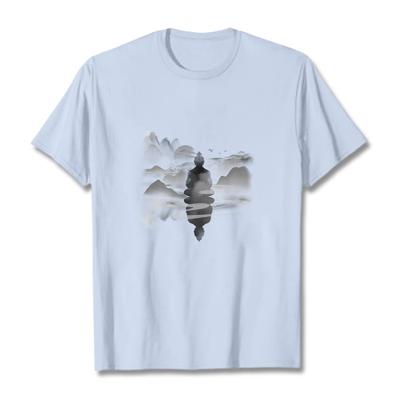 Maglietta in cotone con motivo Buddha Stones Mediting Buddha seduto in montagna - Ciano chiaro - 2XL - image 18