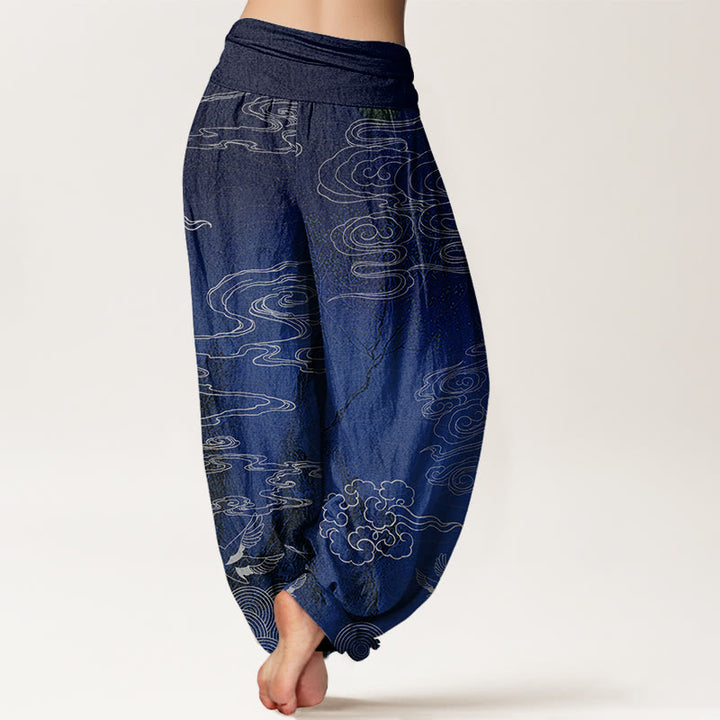 Pantaloni harem elastici in vita da donna con motivo a nuvole di buon auspicio, uccelli e alberi, motivo Buddha Stones - image 2