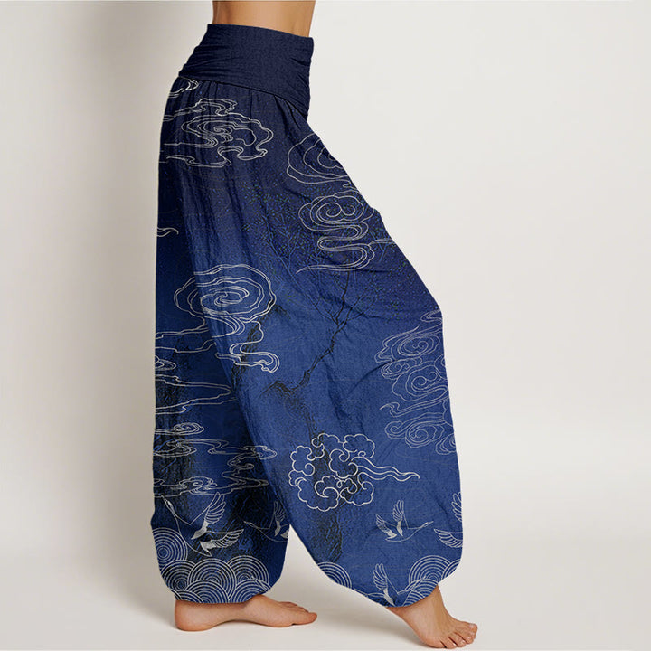 Pantaloni harem elastici in vita da donna con motivo a nuvole di buon auspicio, uccelli e alberi, motivo Buddha Stones - image 1